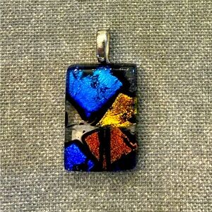 Handmade Blue and Orange Dichroic Fused Glass Pendant